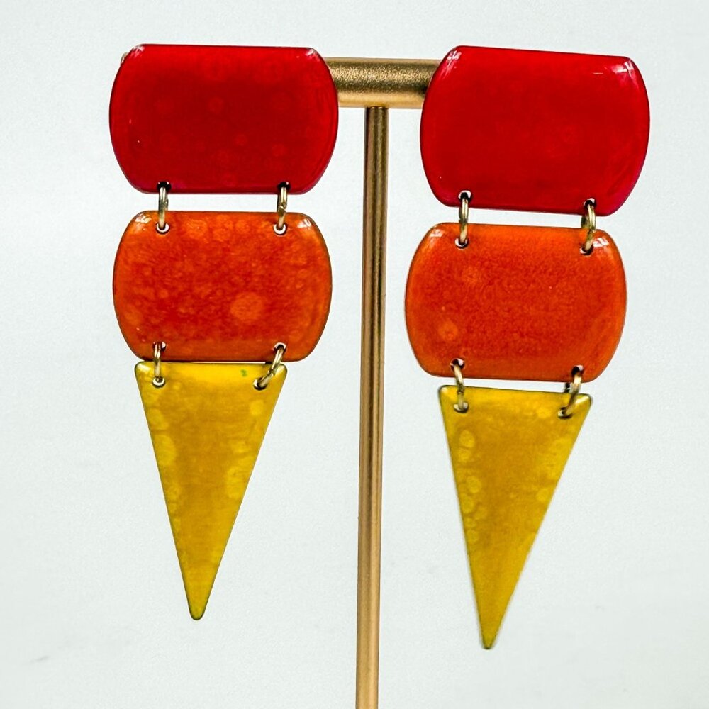 Enamel Over Copper Red Orange Yellow Articulated Mid Modern Earrings Pierced